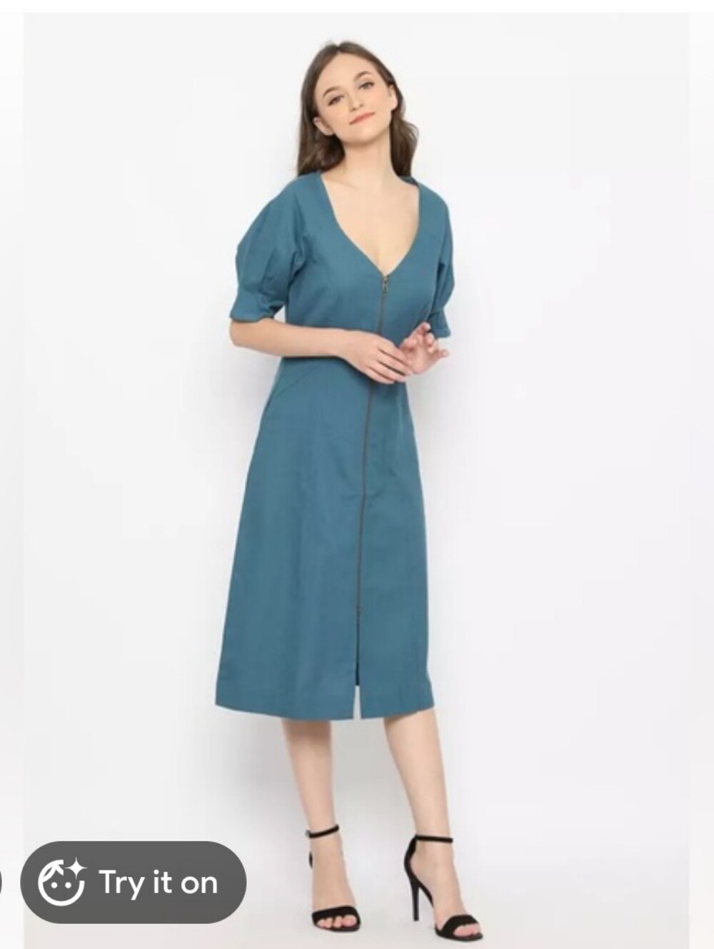 Amuse Society Linen Porter Midi Zip Front Teal Dress M